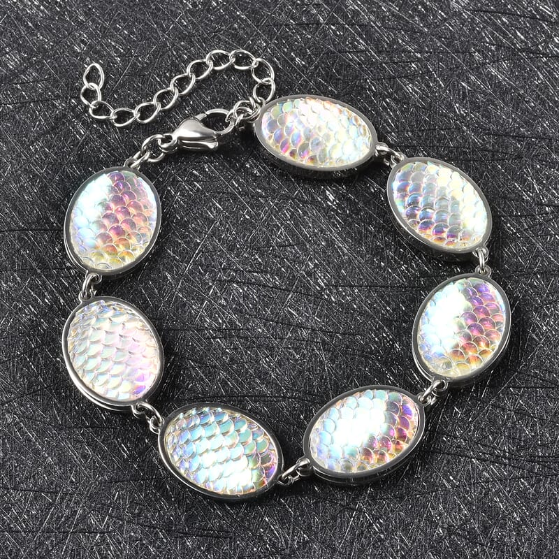 Simulated Aurora Borealis Mystic Topaz Disco Ball Theme Oval Charm Station Bracelet in Stainless Steel (7.50-9.50In)
