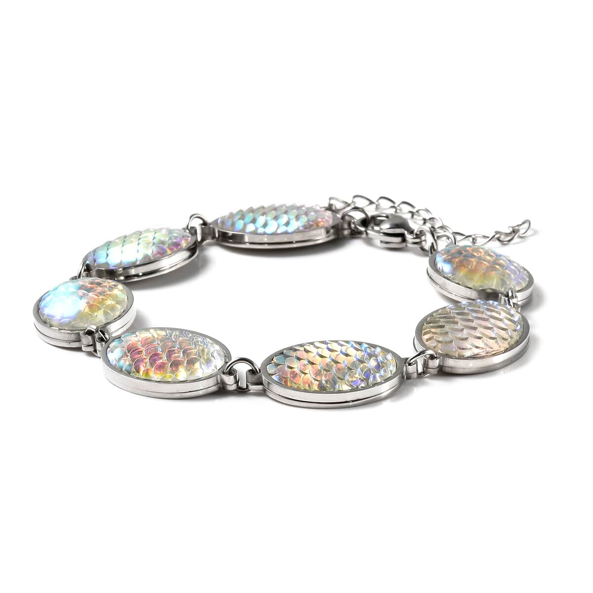  Simulated Blue Magic Color Topaz Disco Ball Theme Oval Charm Station Bracelet in Stainless Steel (7.50 In) image number 2