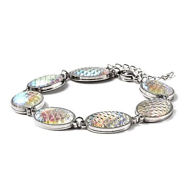 Simulated Aurora Borealis Mystic Topaz Disco Ball Theme Oval Charm Station Bracelet in Stainless Steel (7.50-9.50In)