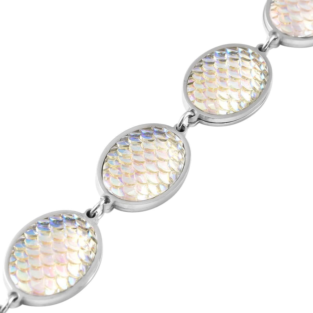  Simulated Blue Magic Color Topaz Disco Ball Theme Oval Charm Station Bracelet in Stainless Steel (7.50 In) image number 3
