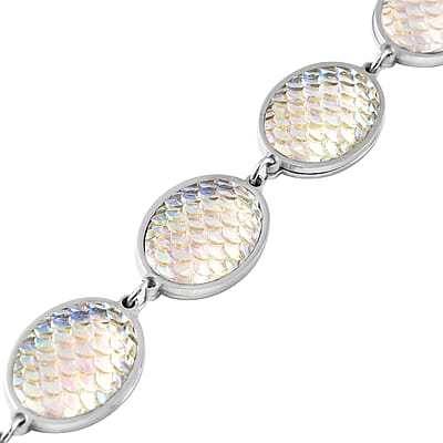 Simulated Aurora Borealis Mystic Topaz Disco Ball Theme Oval Charm Station Bracelet in Stainless Steel (7.50-9.50In)