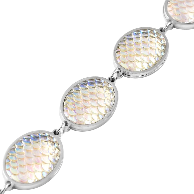 Simulated Aurora Borealis Mystic Topaz Disco Ball Theme Oval Charm Station Bracelet in Stainless Steel (7.50-9.50In)