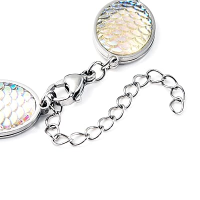 Simulated Aurora Borealis Mystic Topaz Disco Ball Theme Oval Charm Station Bracelet in Stainless Steel (7.50-9.50In)