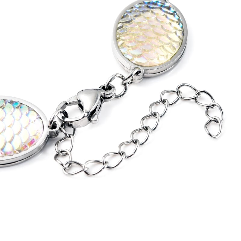 Simulated Aurora Borealis Mystic Topaz Disco Ball Theme Oval Charm Station Bracelet in Stainless Steel (7.50-9.50In)