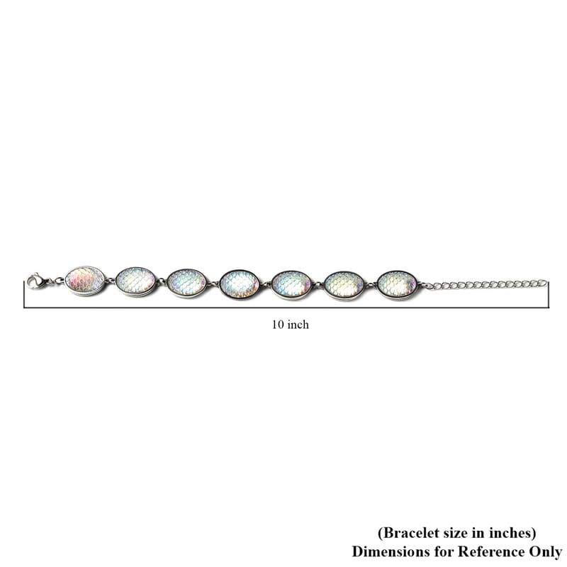 Simulated Aurora Borealis Mystic Topaz Disco Ball Theme Oval Charm Station Bracelet in Stainless Steel (7.50-9.50In)