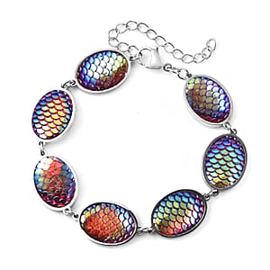 Simulated Multi Color Magic Color Topaz Disco Ball Theme Oval Charm Station Bracelet in Stainless Steel (7.50-9.50In)