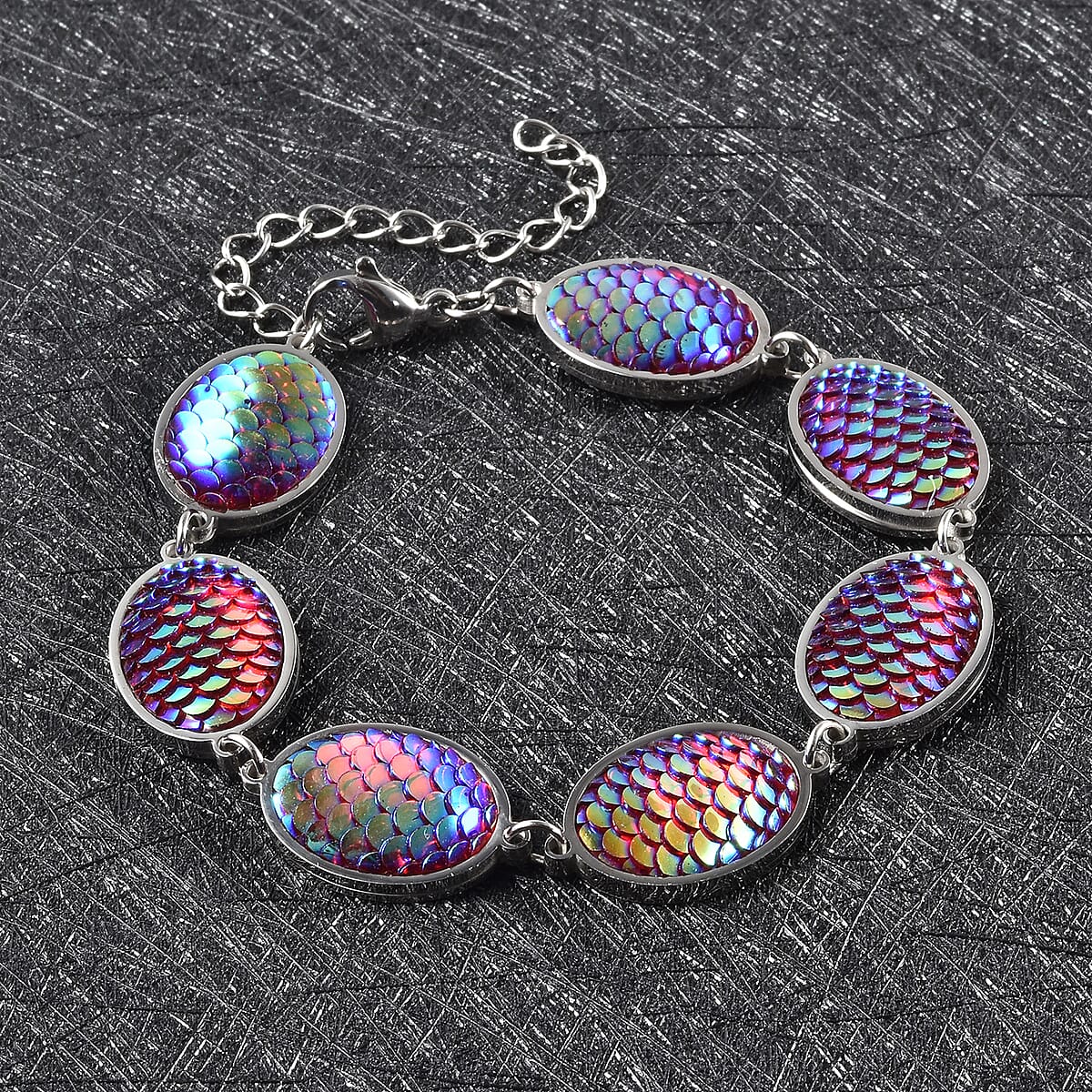 Simulated Multi Color Magic Color Topaz Disco Ball Theme Oval Charm Station Bracelet in Stainless Steel (7.50-9.50In) image number 1