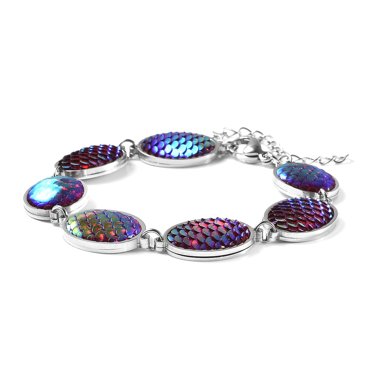 Simulated Multi Color Magic Color Topaz Disco Ball Theme Oval Charm Station Bracelet in Stainless Steel (7.50-9.50In) image number 2
