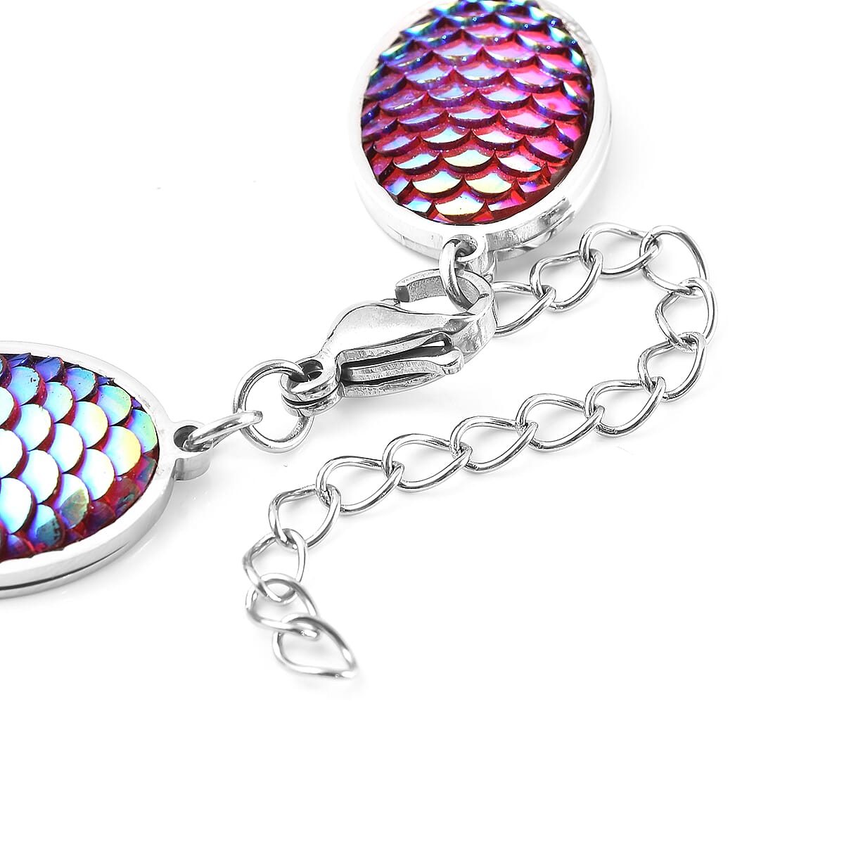 Simulated Multi Color Magic Color Topaz Disco Ball Theme Oval Charm Station Bracelet in Stainless Steel (7.50-9.50In) image number 5