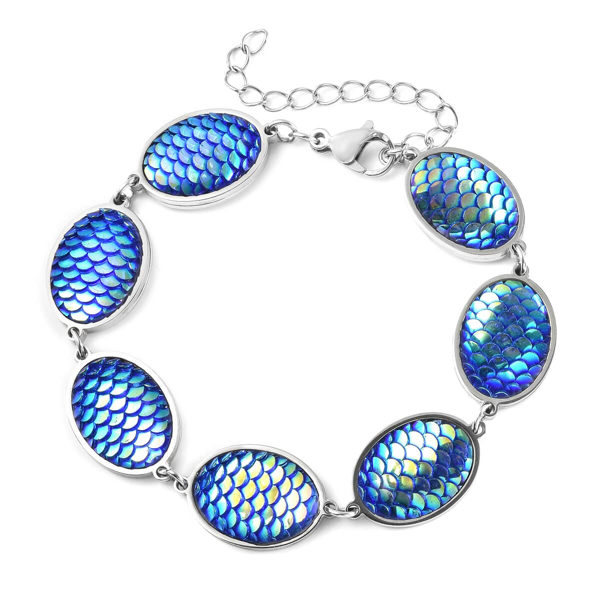 Simulated Blue Magic Color Topaz Disco Ball Theme Oval Charm Station Bracelet in Stainless Steel (7.50-9.50In) image number 0