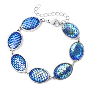 Simulated Blue Magic Color Topaz Disco Ball Theme Oval Charm Station Bracelet in Stainless Steel (7.50-9.50In)