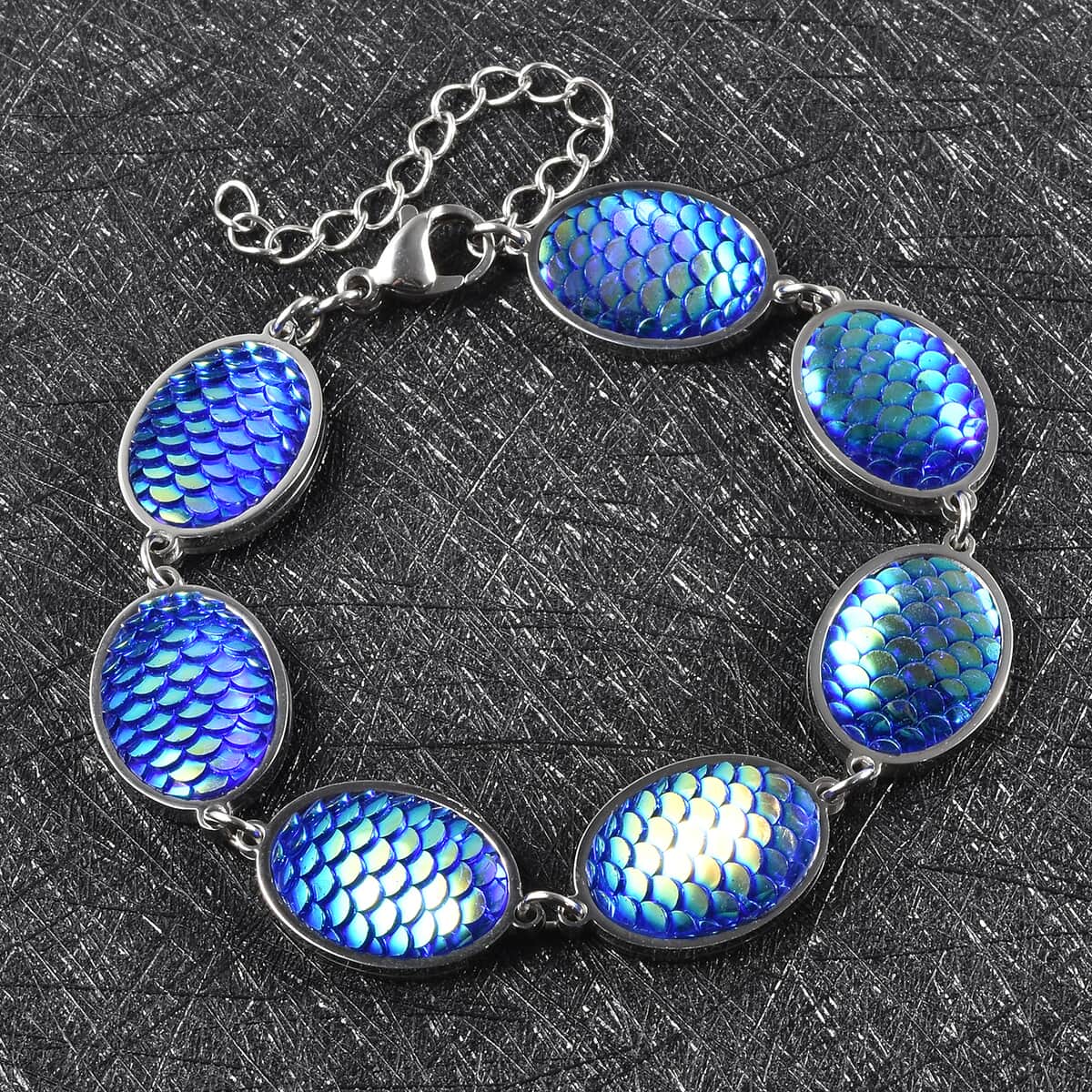 Simulated Blue Magic Color Topaz Disco Ball Theme Oval Charm Station Bracelet in Stainless Steel (7.50-9.50In) image number 1