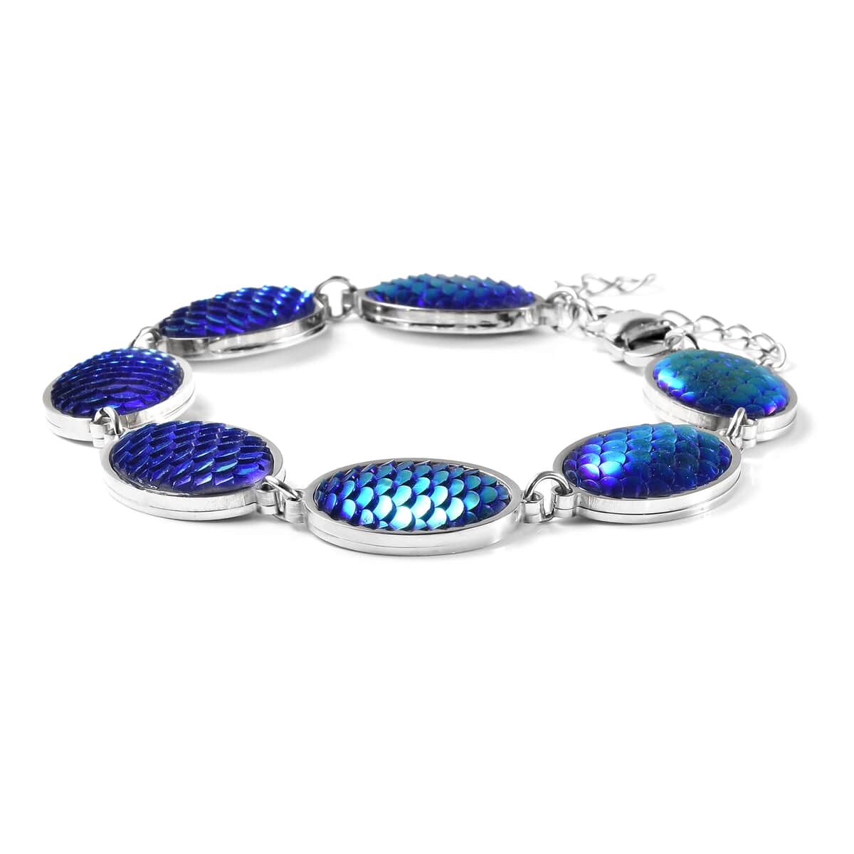 Simulated Blue Magic Color Topaz Disco Ball Theme Oval Charm Station Bracelet in Stainless Steel (7.50-9.50In) image number 2