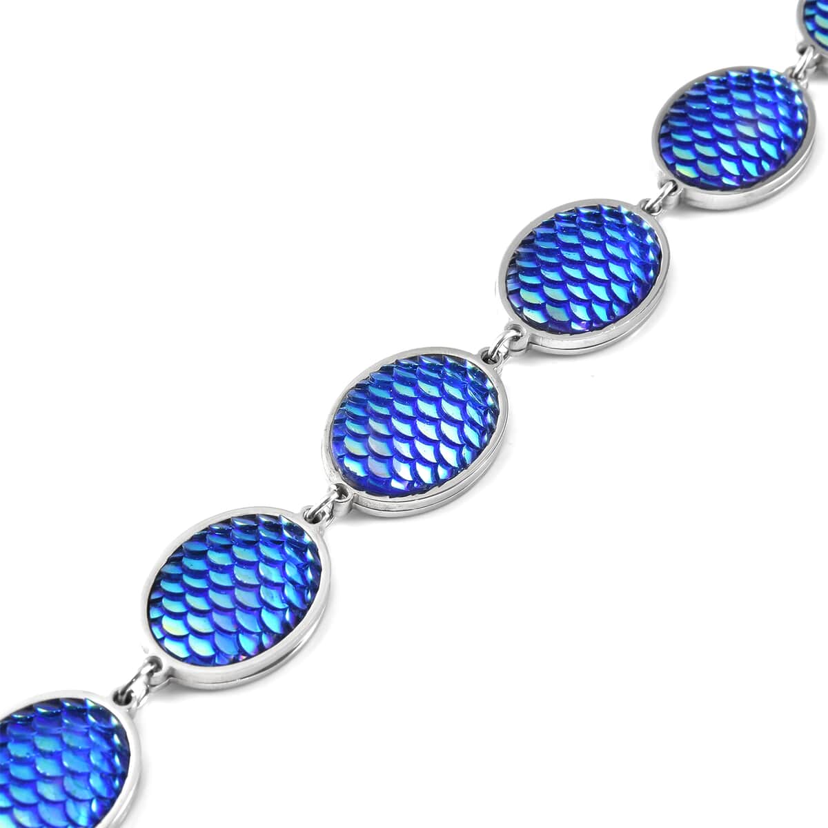 Simulated Blue Magic Color Topaz Disco Ball Theme Oval Charm Station Bracelet in Stainless Steel (7.50-9.50In) image number 3