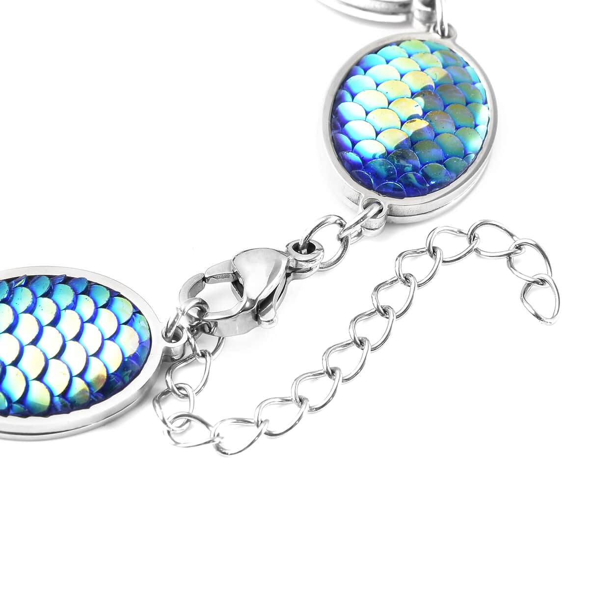 Simulated Blue Magic Color Topaz Disco Ball Theme Oval Charm Station Bracelet in Stainless Steel (7.50-9.50In) image number 5