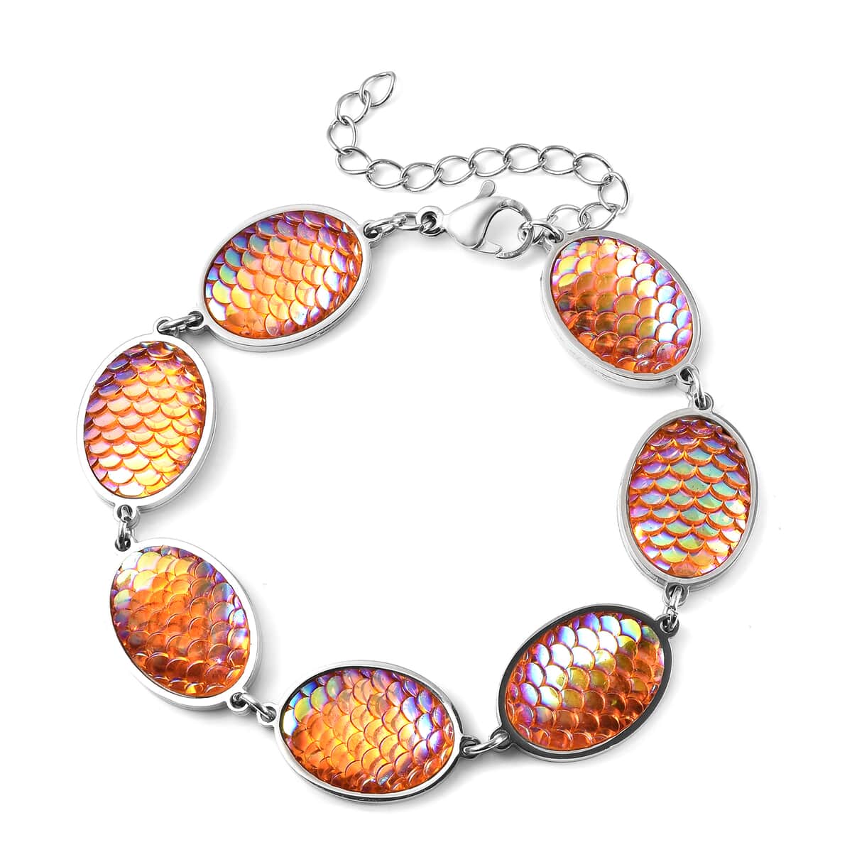 Simulated Orange Magic Color Topaz Disco Ball Theme Oval Charm Station Bracelet in Stainless Steel (7.50-9.50In) image number 0