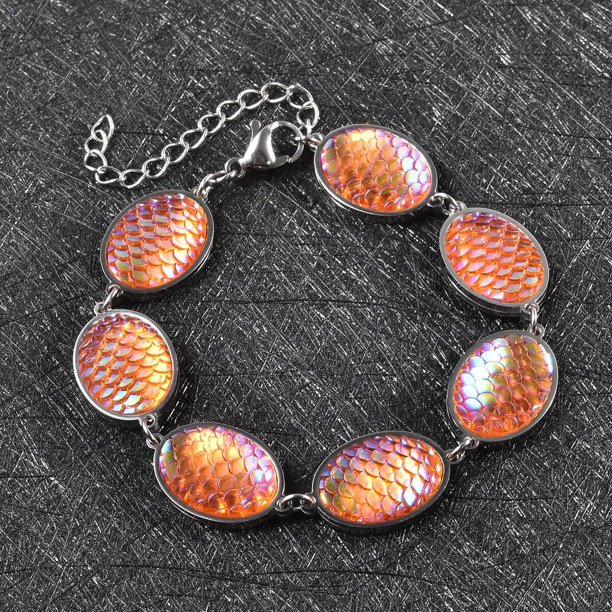 Simulated Orange Magic Color Topaz Disco Ball Theme Oval Charm Station Bracelet in Stainless Steel (7.50-9.50In) image number 1