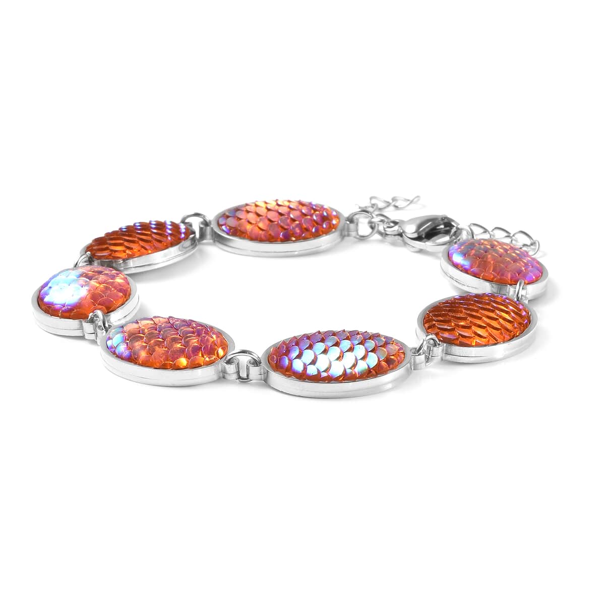 Simulated Orange Magic Color Topaz Disco Ball Theme Oval Charm Station Bracelet in Stainless Steel (7.50-9.50In) image number 2