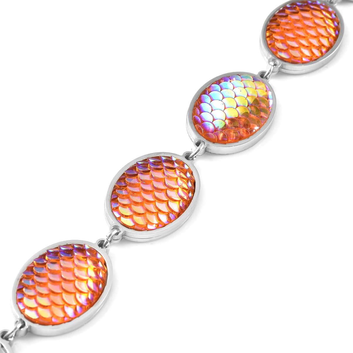 Simulated Orange Magic Color Topaz Disco Ball Theme Oval Charm Station Bracelet in Stainless Steel (7.50-9.50In) image number 3