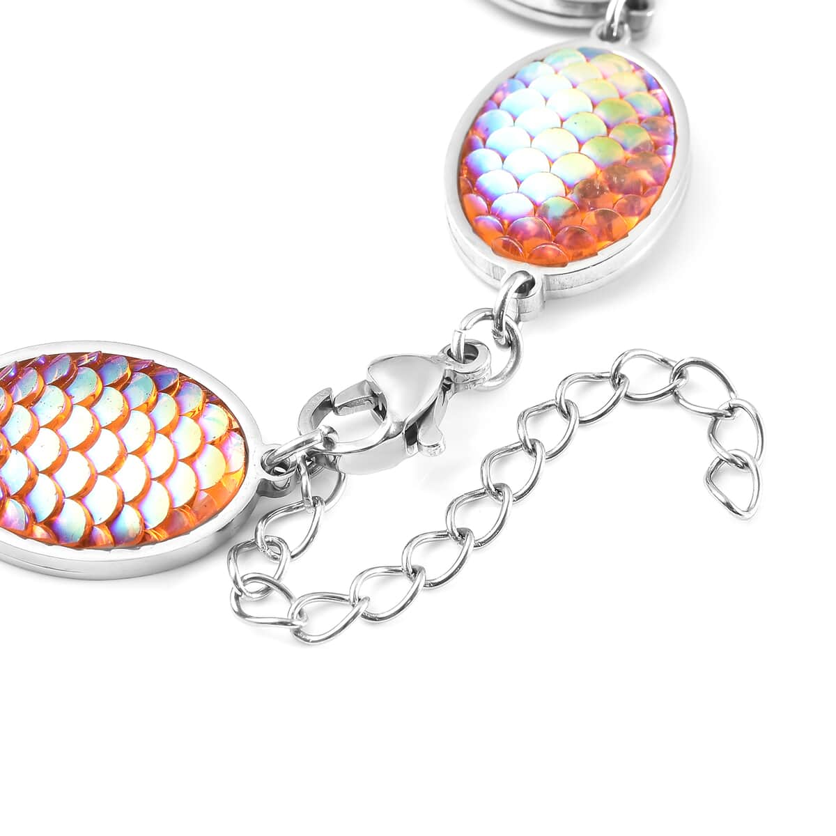 Simulated Orange Magic Color Topaz Disco Ball Theme Oval Charm Station Bracelet in Stainless Steel (7.50-9.50In) image number 5