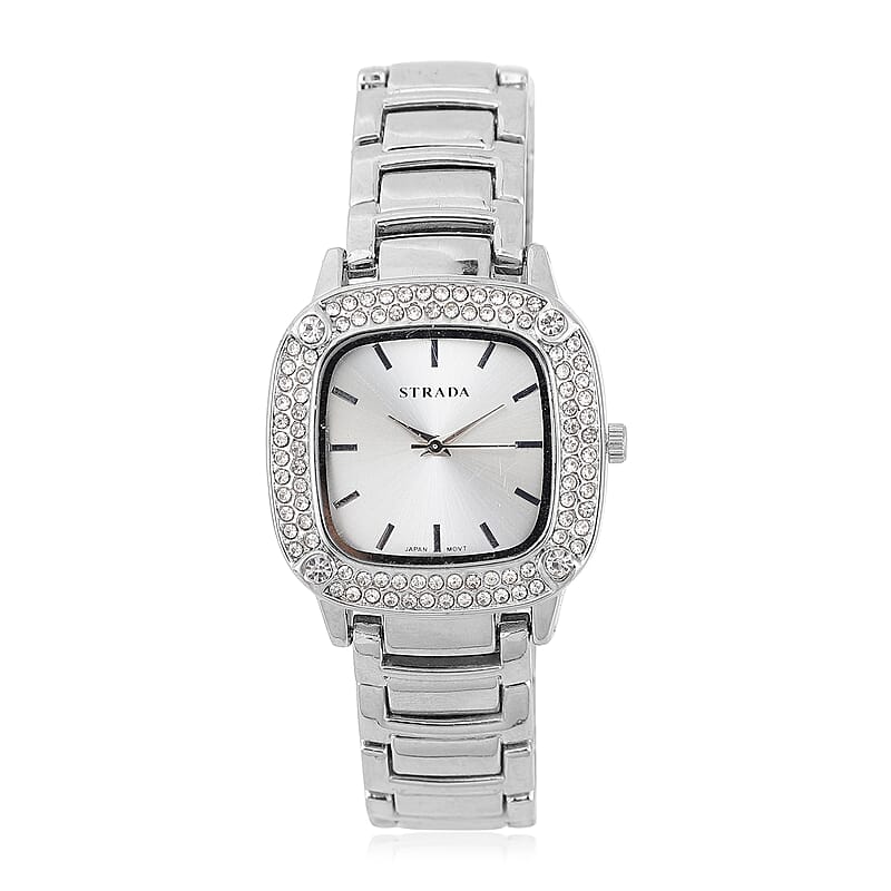 Strada Japanese Movement White Austrian Crystal Watch in Silvertone