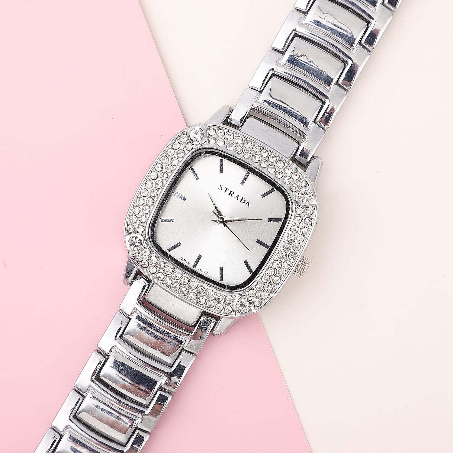 Strada Japanese Movement White Austrian Crystal Watch in Silvertone