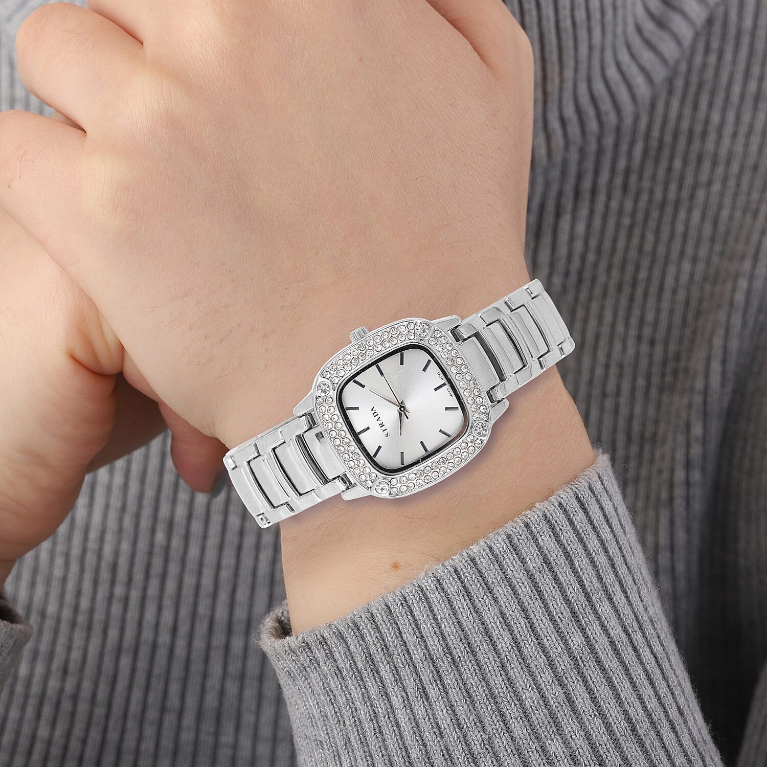 Strada Japanese Movement White Austrian Crystal Watch in Silvertone