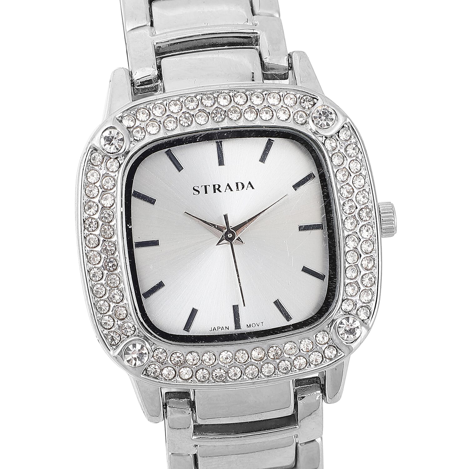 Strada Japanese Movement White Austrian Crystal Watch in Silvertone