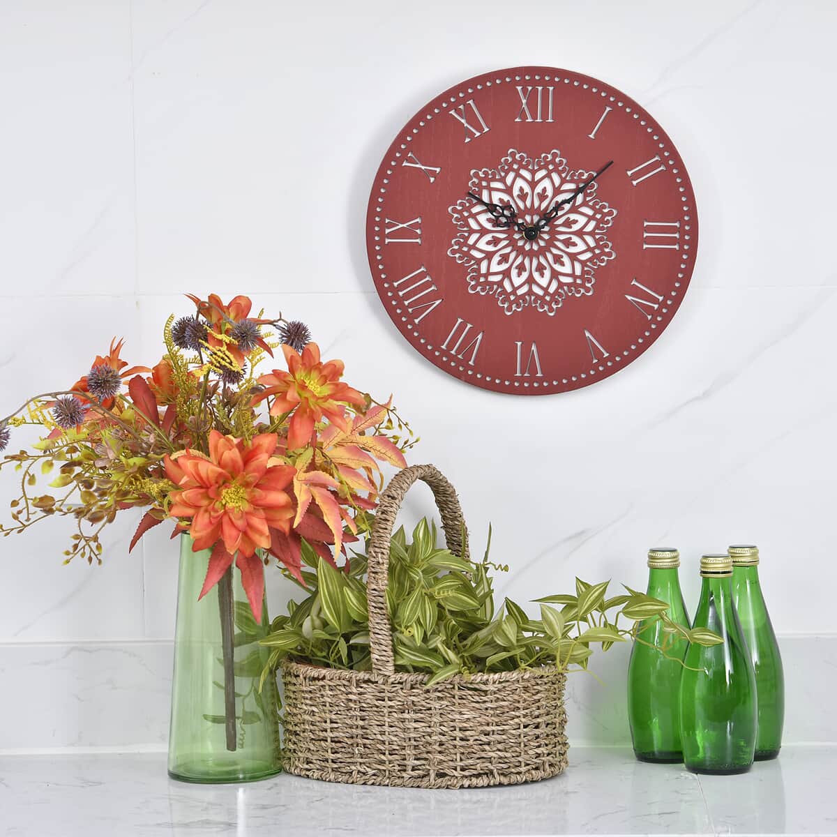 Red Quartz Sweep Movement Flower Pattern Wall Clock (AAx1 Not Included) | Wall Decor | Wall Art | Modern Wall Clock | Quartz Clock | Wall Clock for Living Room image number 1