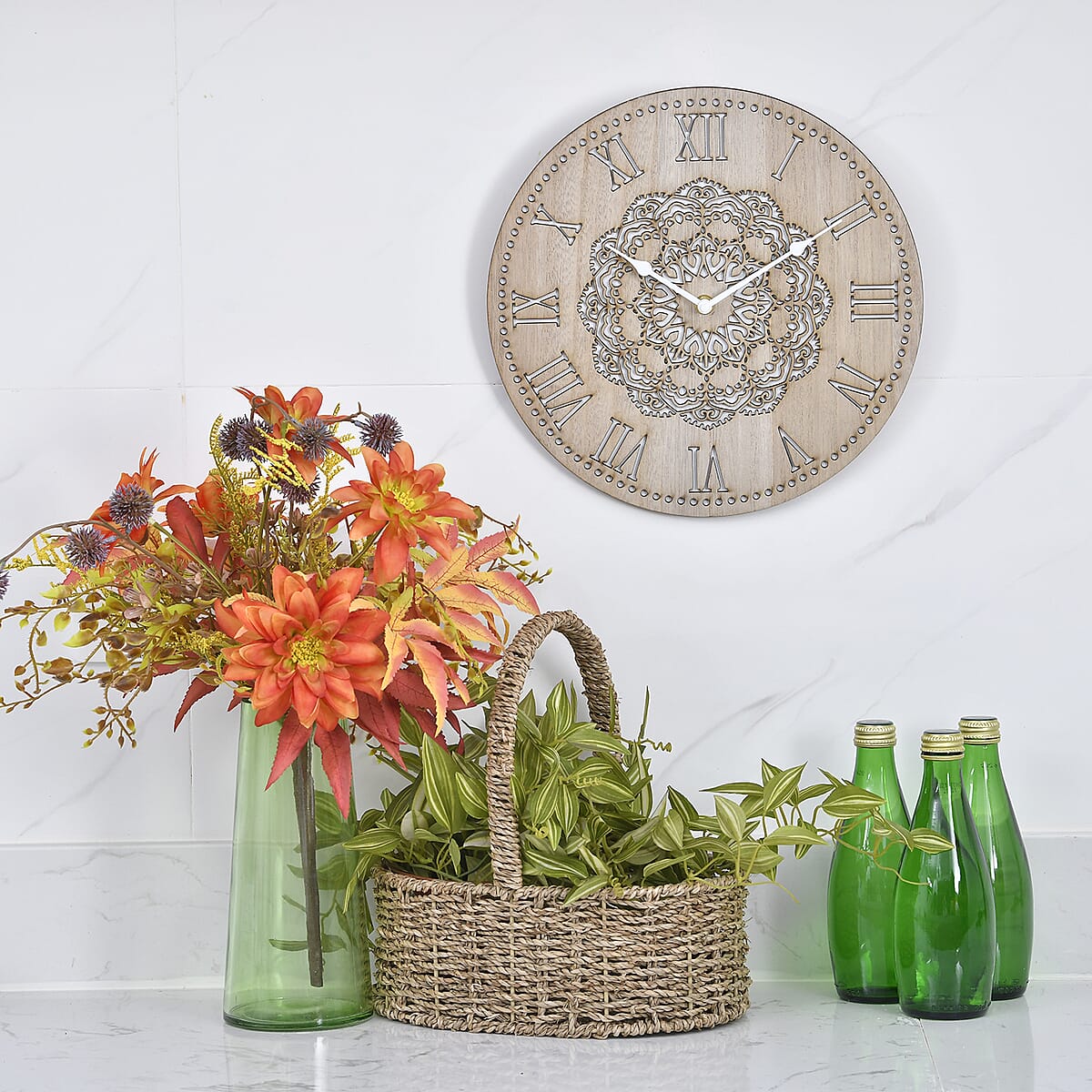 Light Wooden Quartz Sweep Movement Flower Pattern Wall Clock (AAx1 Not Included) | Wall Decor | Wall Art | Modern Wall Clock | Quartz Clock | Wall Clock for Living Room image number 1