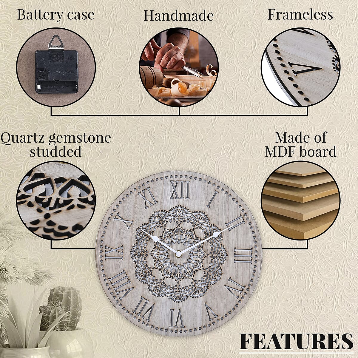 Light Wooden Quartz Sweep Movement Flower Pattern Wall Clock (AAx1 Not Included) | Wall Decor | Wall Art | Modern Wall Clock | Quartz Clock | Wall Clock for Living Room image number 2