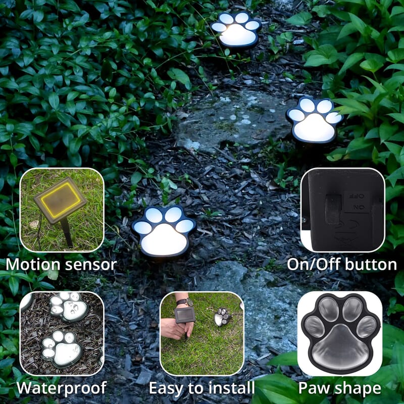 Homesmart Set of 4 Waterproof Paw Print Solar Lights -White Light