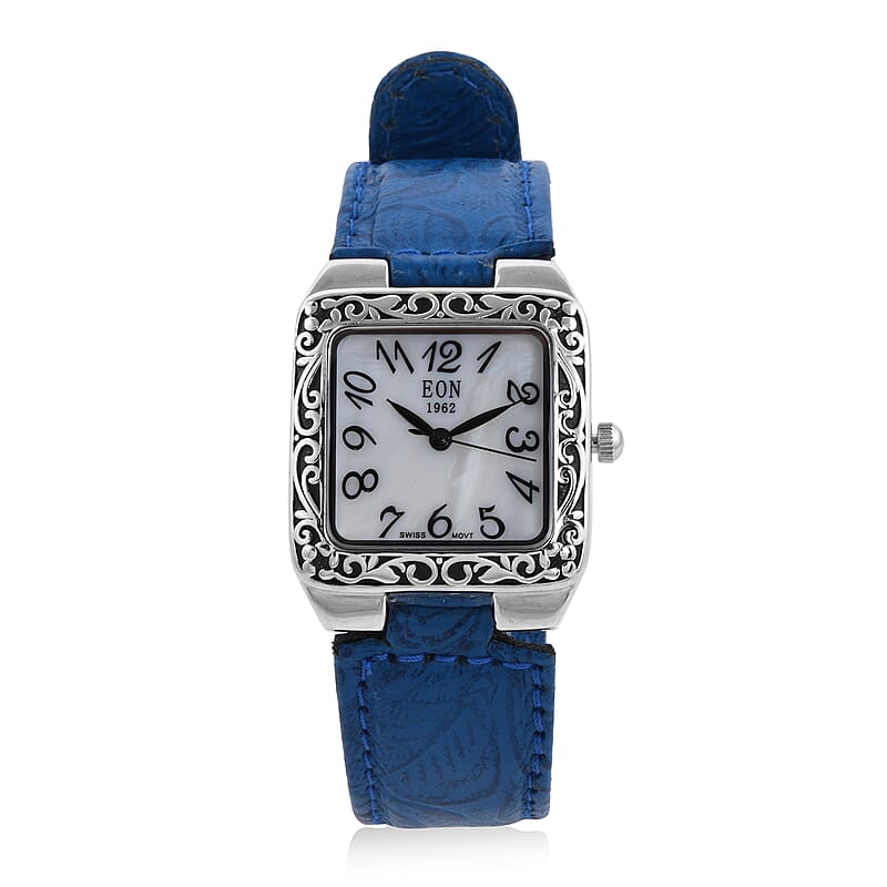 Eon 1962 Swiss Movement Sterling Silver MOP Dial Watch with Blue Leather Band