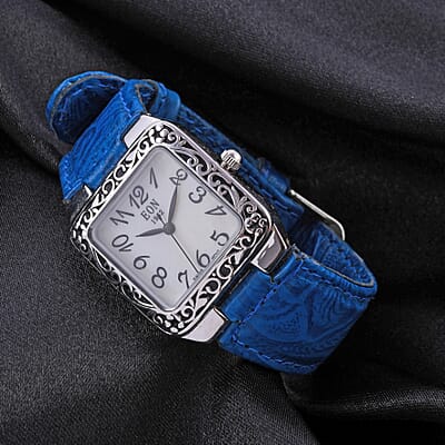 Eon 1962 Swiss Movement Sterling Silver MOP Dial Watch with Blue Leather Band