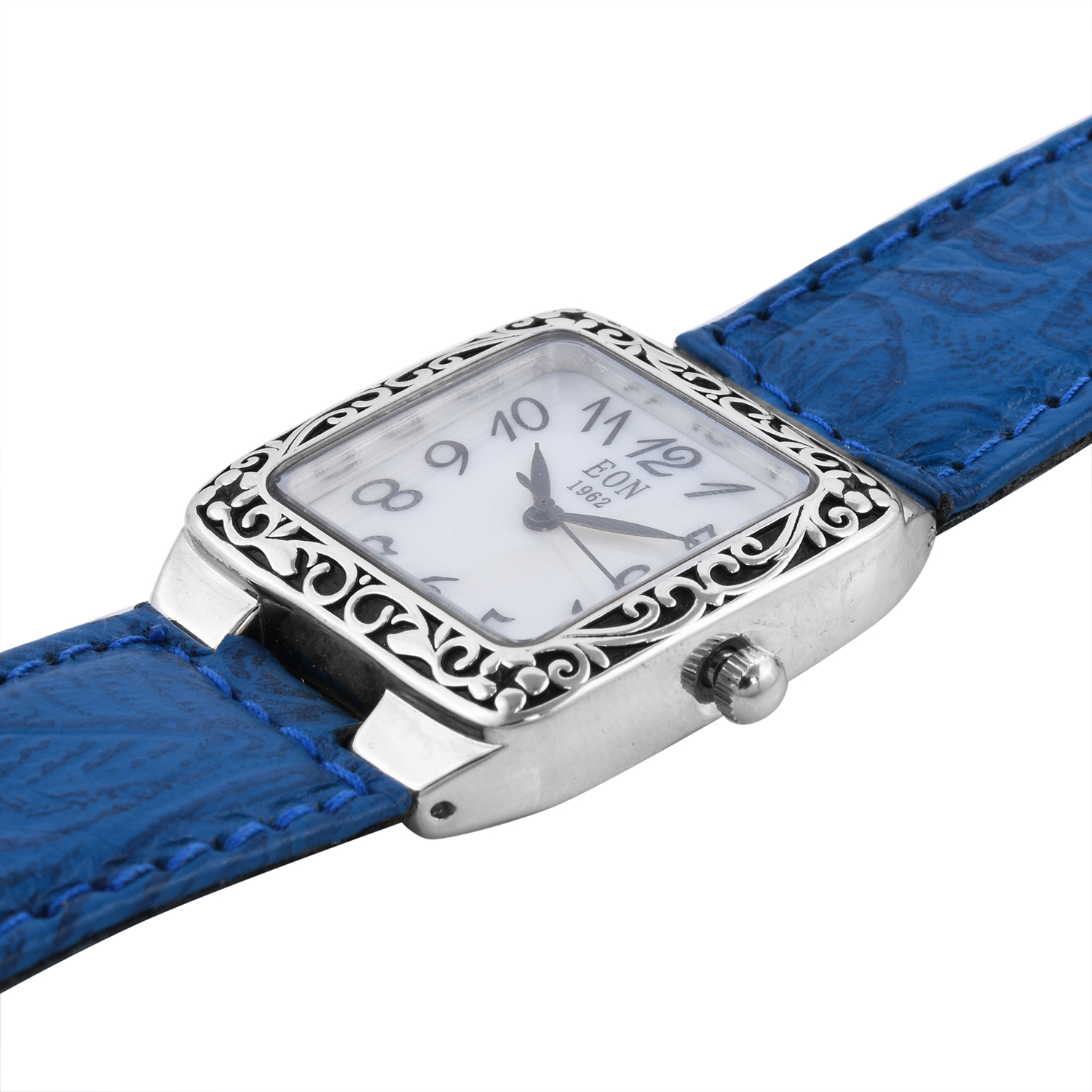 Eon 1962 Swiss Movement Sterling Silver MOP Dial Watch with Blue Leather Band