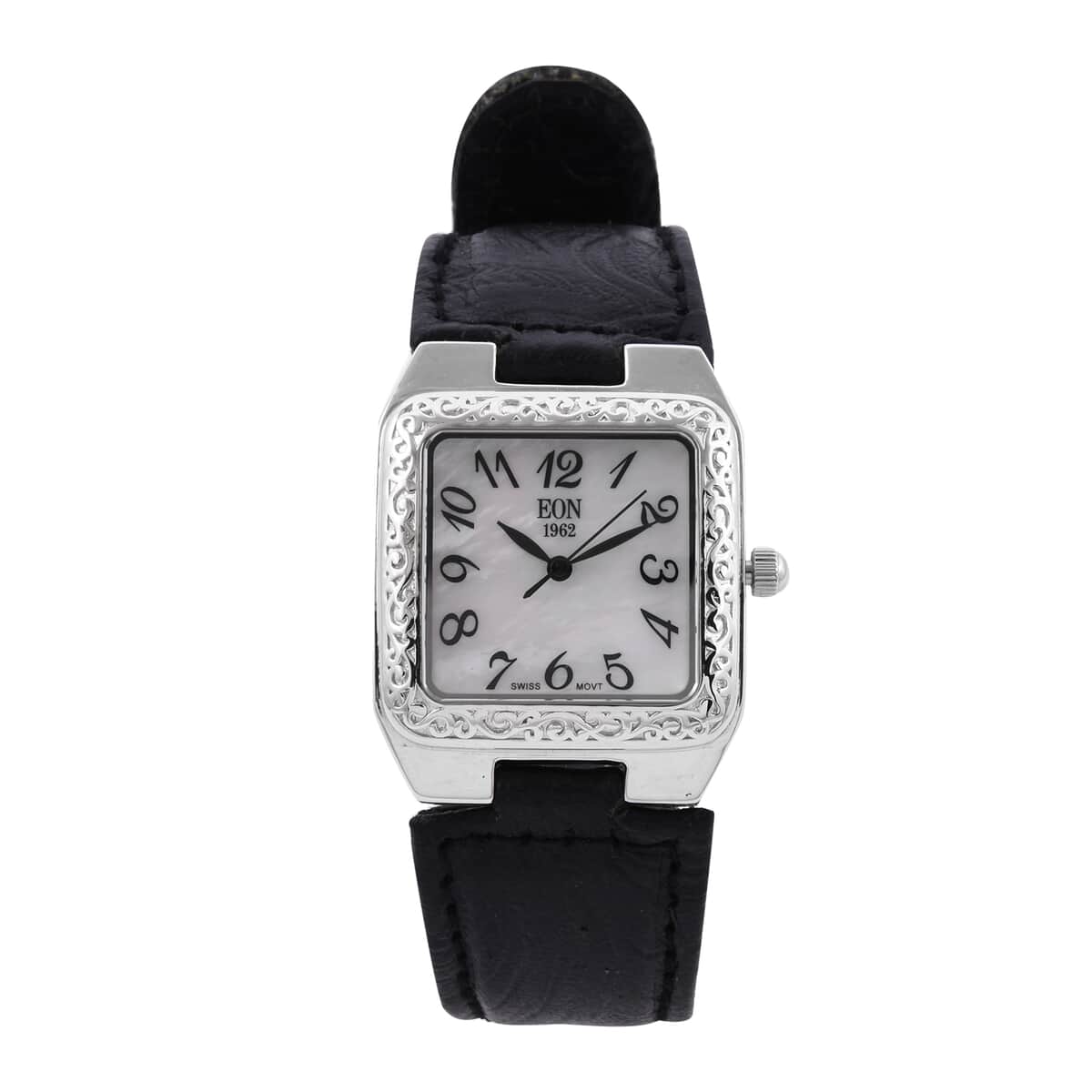Eon 1962 Swiss Movement Sterling Silver MOP Dial Watch with Black Leather Band image number 0