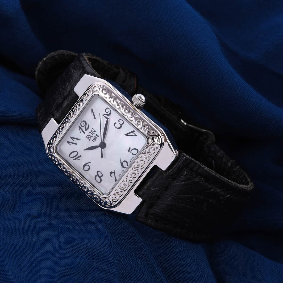 Eon 1962 Swiss Movement Sterling Silver MOP Dial Watch with Black Leather Band image number 1