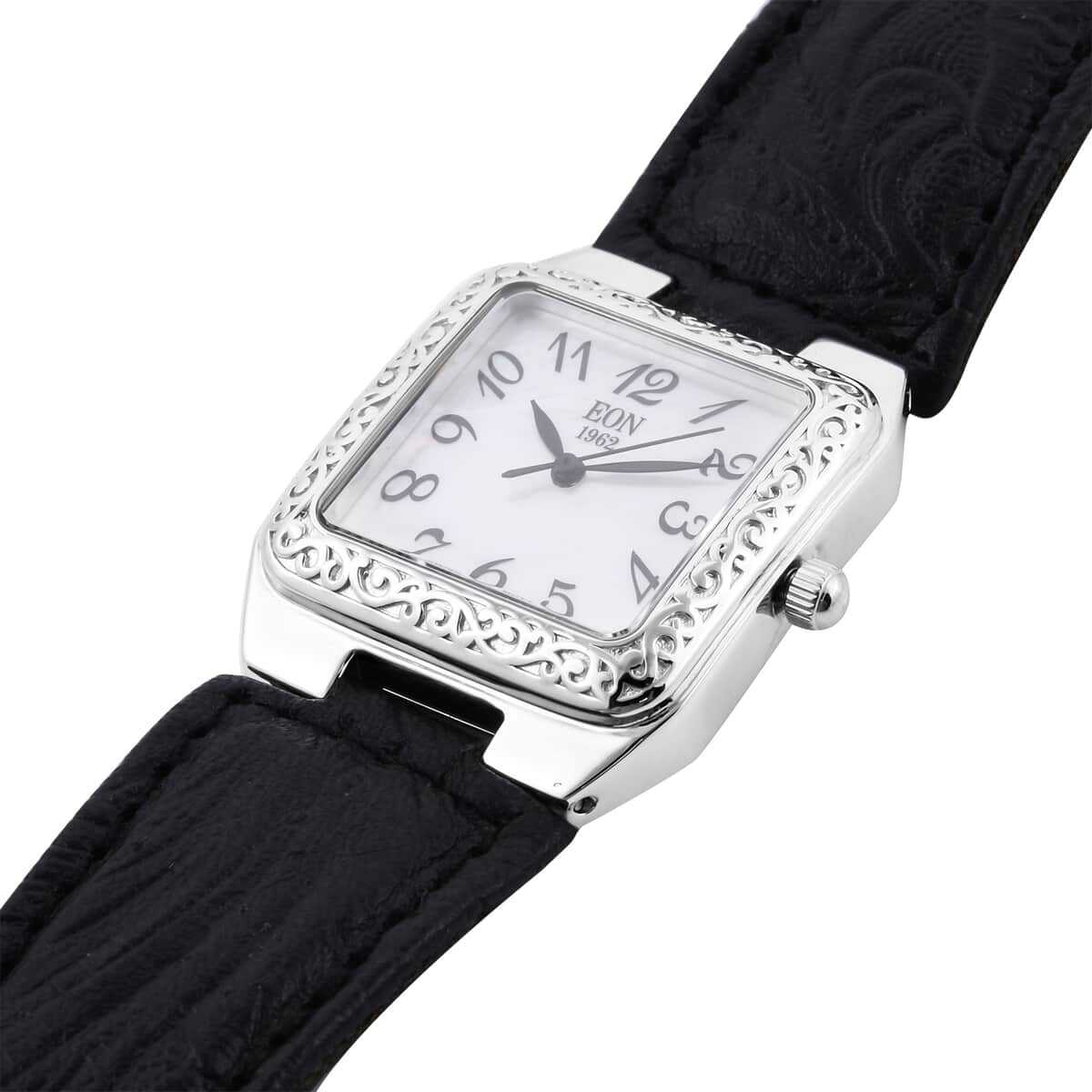 Eon 1962 Swiss Movement Sterling Silver MOP Dial Watch with Black Leather Band image number 3