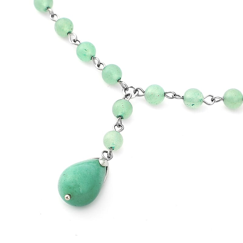 Green Aventurine Beaded Lariat Necklace 18 Inches in Silvertone 81.50 ctw