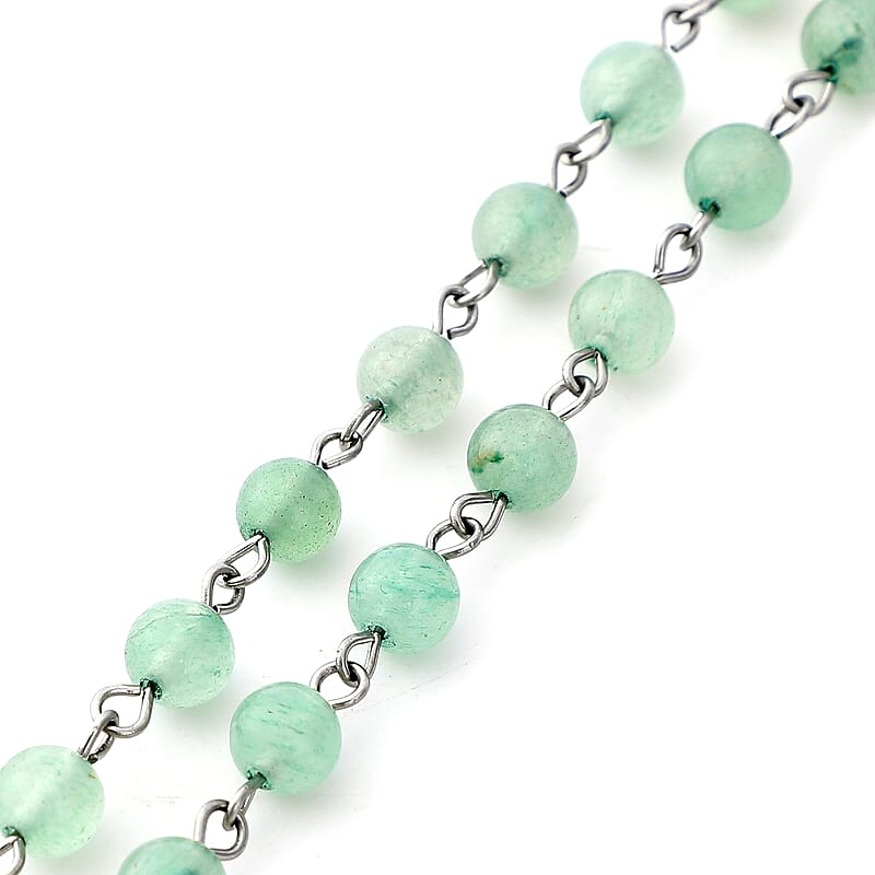 Green Aventurine Beaded Lariat Necklace 18 Inches in Silvertone 81.50 ctw