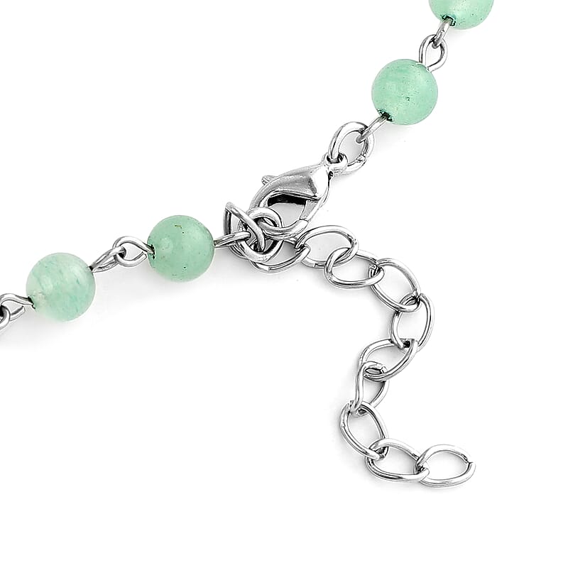 Green Aventurine Beaded Lariat Necklace 18 Inches in Silvertone 81.50 ctw