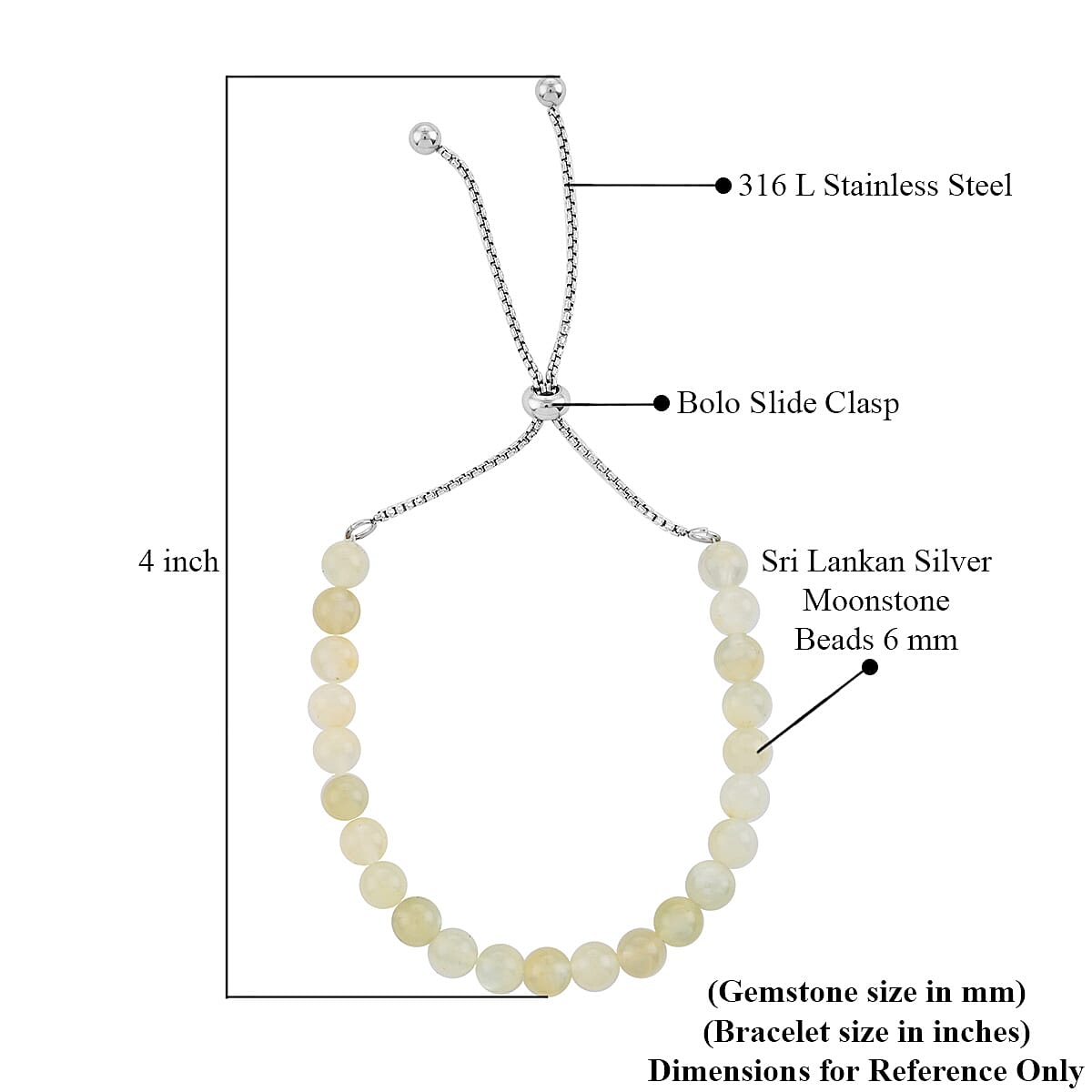 Silver Moonstone Beaded Bolo Bracelet in Stainless Steel 6.90 ctw image number 3