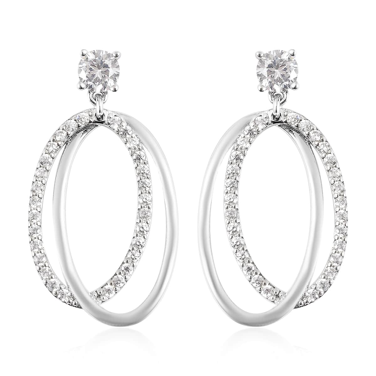 Simulated White Diamond Double Hoop Drop Earrings in Silvertone 2.45 ctw image number 0