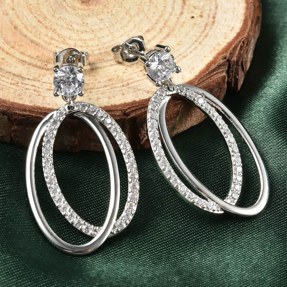 Simulated White Diamond Double Hoop Drop Earrings in Silvertone 2.45 ctw image number 1