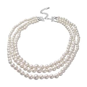 Simulated White Pearl Triple Row Necklace 23-27 Inches in Silvertone