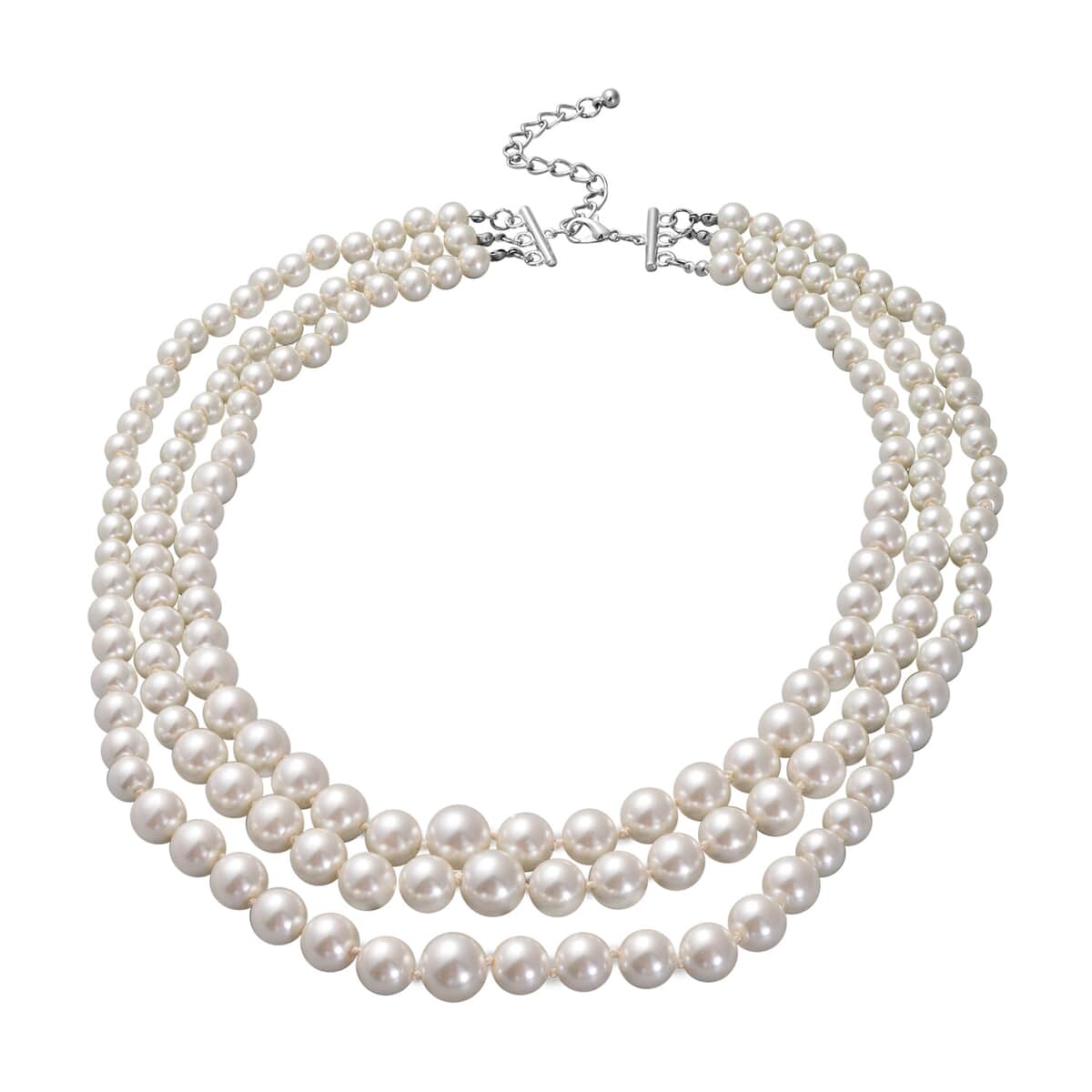 Simulated White Pearl Triple Row Necklace 23-27 Inches in Silvertone image number 0