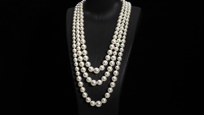 Simulated White Pearl Triple Row Necklace (23-27 Inches) in Silvertone