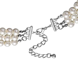 Simulated White Pearl Triple Row Necklace 23-27 Inches in Silvertone