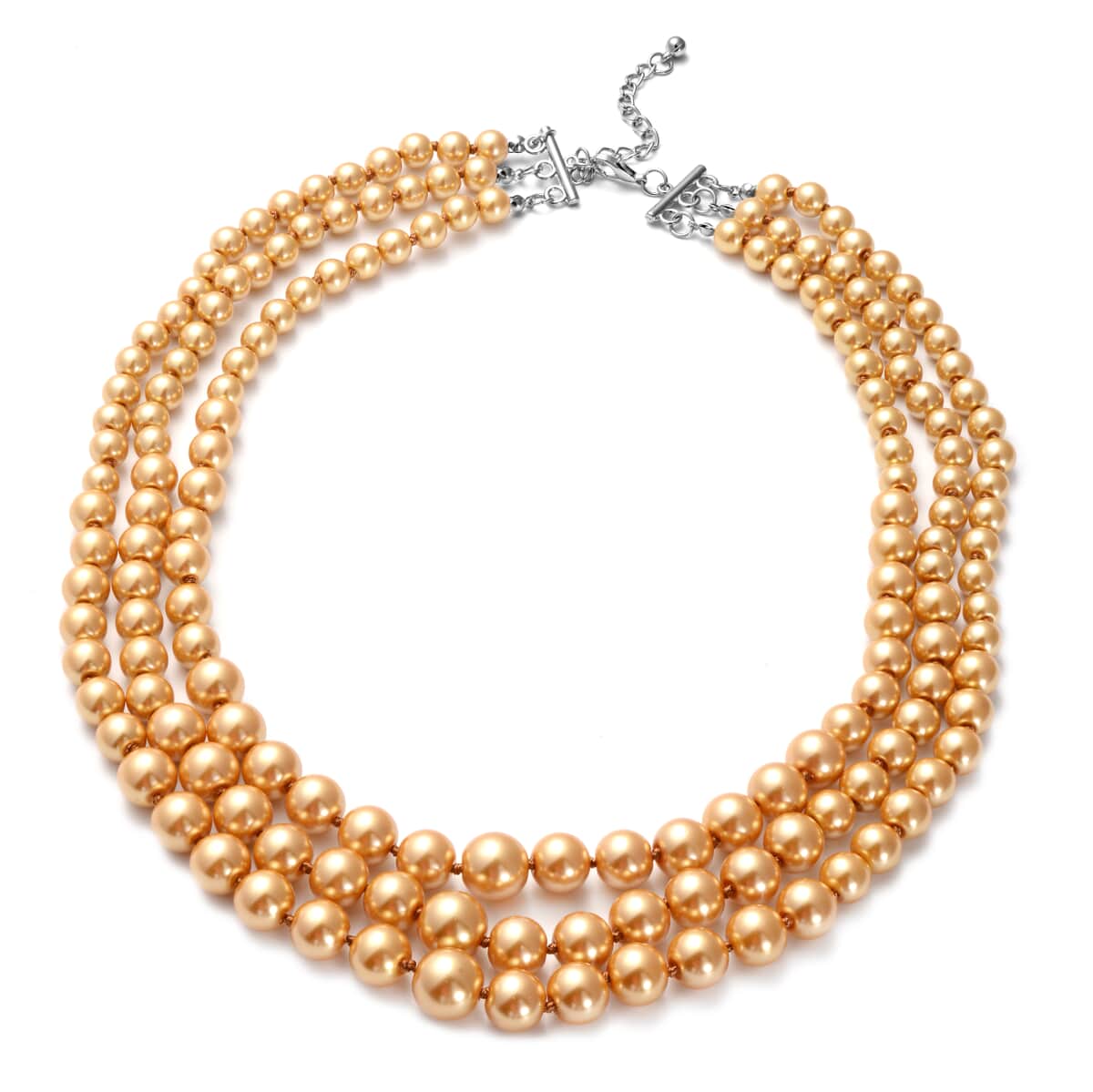 Simulated Golden Pearl Triple Row Necklace 23-27 Inches in Silvertone image number 0