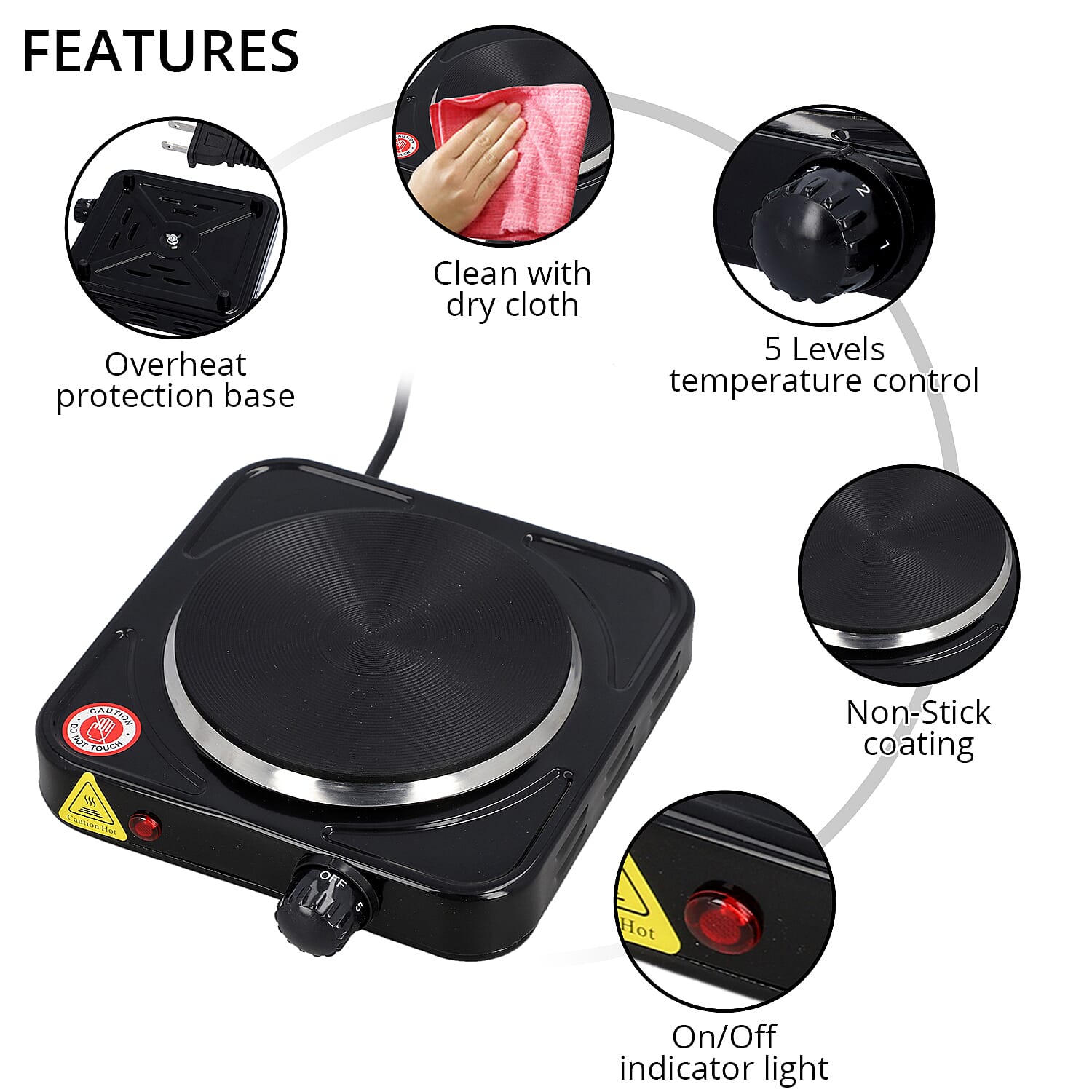 Homesmart Electric Single Burner 1000W Hot Plate with 5 Level Temperature Control and Overheat Protection- Black